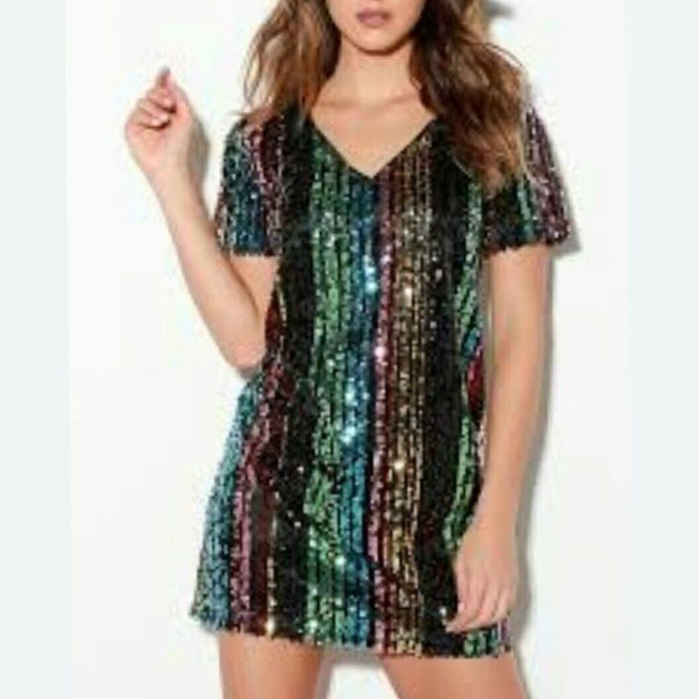 Lulus Size Medium Firework Wonders Multi Color Striped Sequin Shift Dress Bling